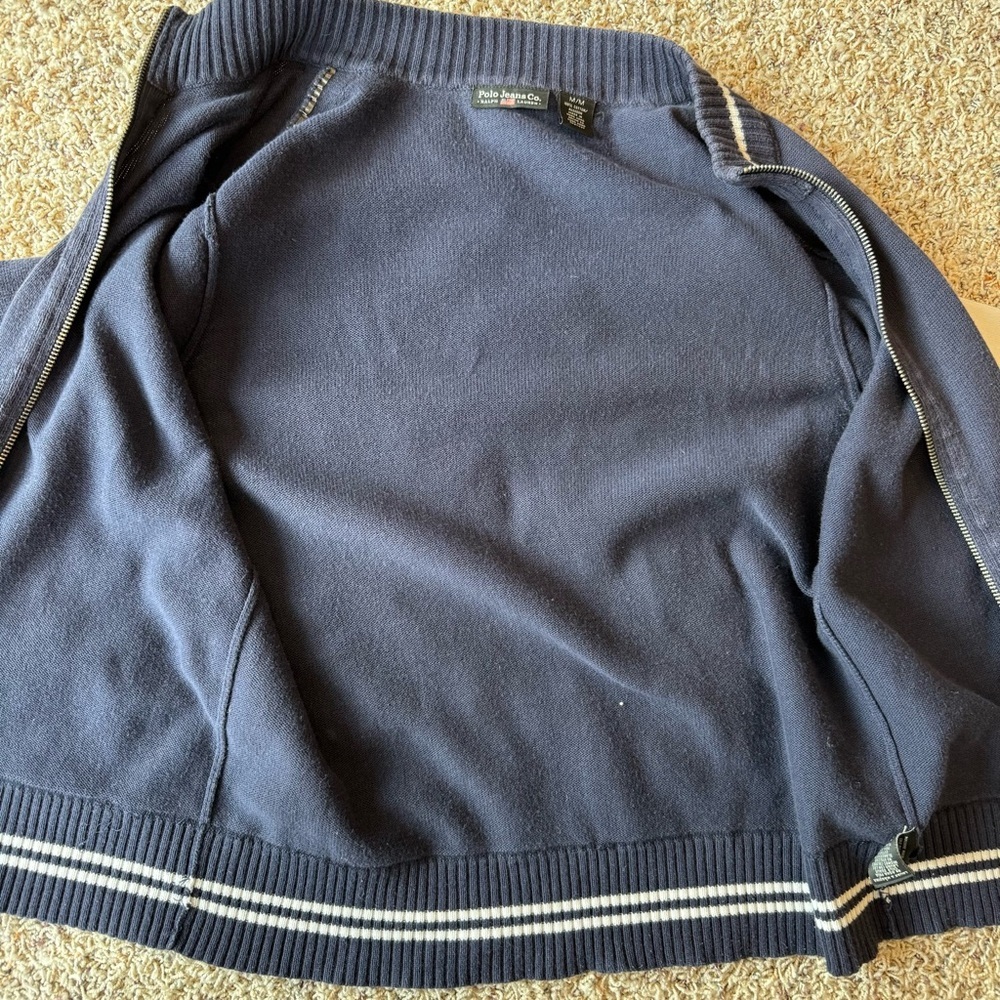Vtg Polo Jeans Ralph Lauren Sweater Womens Full Zip Varsity Stripe Medium Navy - Picture 4 of 13